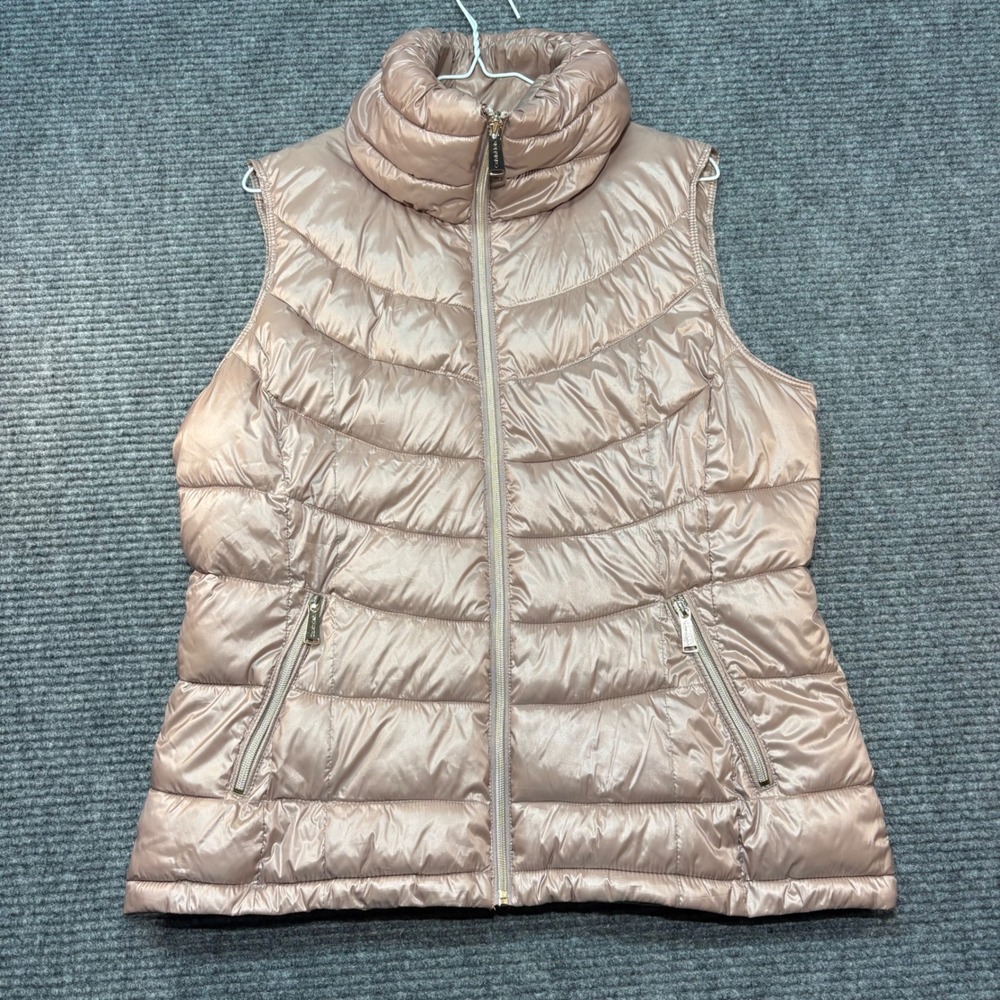 Calvin Klein Womens Rose Gold Metallic Puffer Vest Quilted Full Zip Large